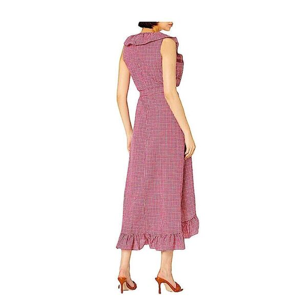 MISA Los Angeles Stella Gingham-Print Draped Ruffle Midi Wrap Dress Pink - Picture 10 of 16